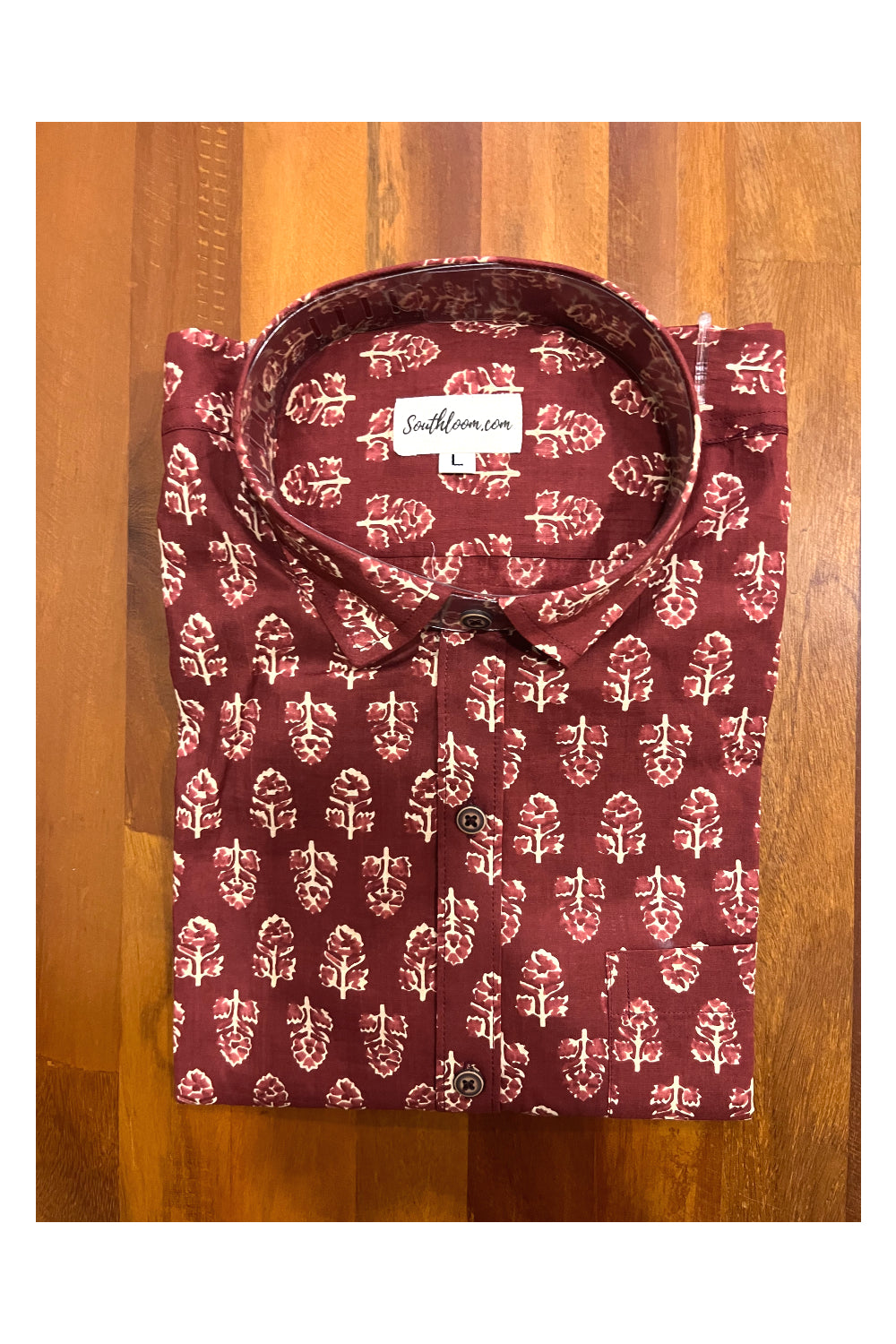 Southloom Jaipur Cotton Brick Red Shirt with Floral Hand Block Printed Design (Full Sleeves)