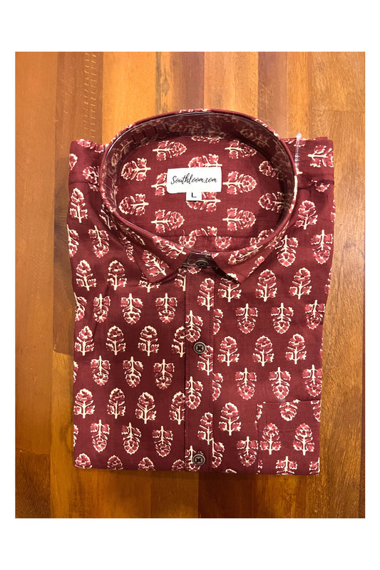 Southloom Jaipur Cotton Brick Red Shirt with Floral Hand Block Printed Design (Full Sleeves)