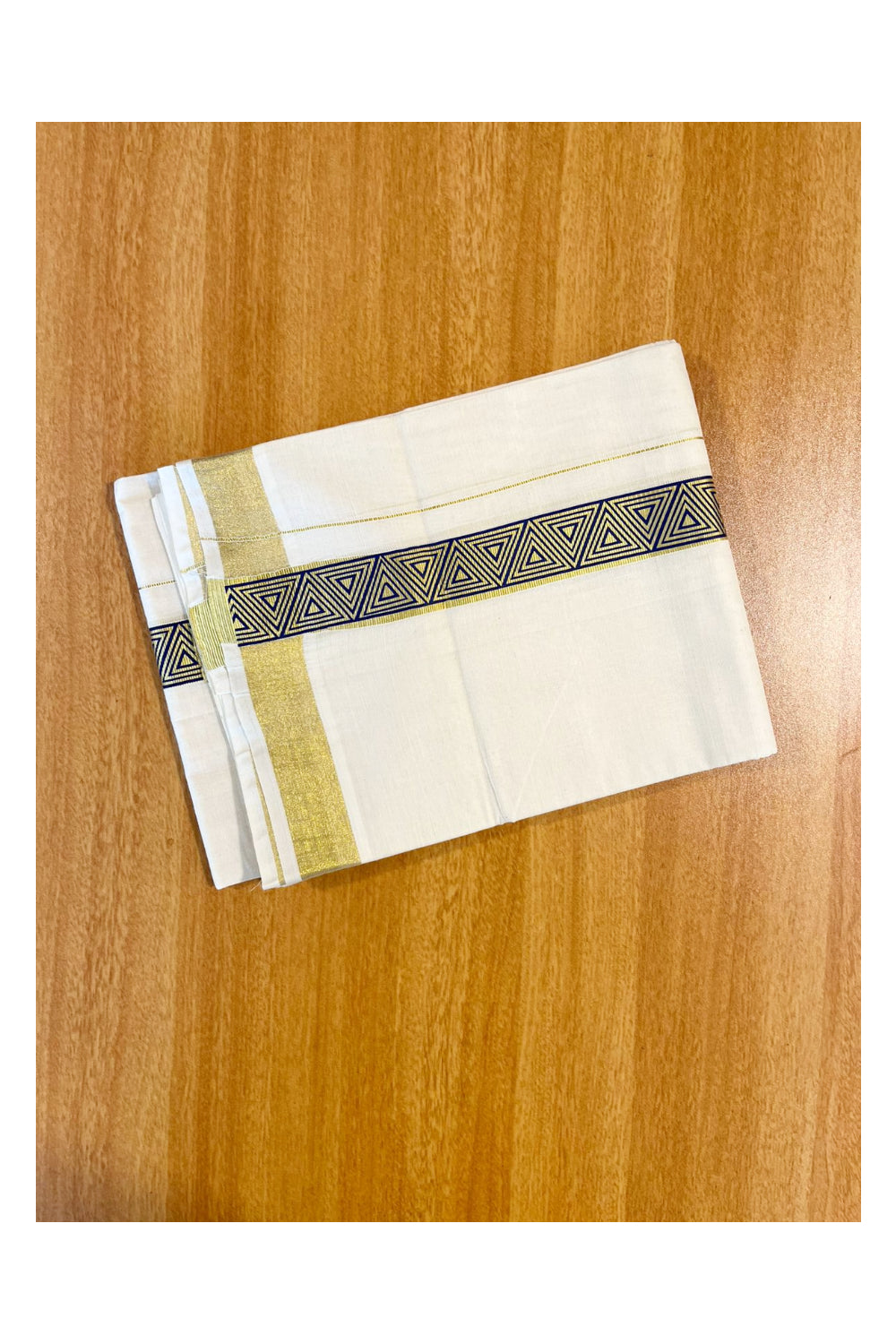 Southloom Kasavu Double Mundu with Blue Prints Along Kasavu Kara