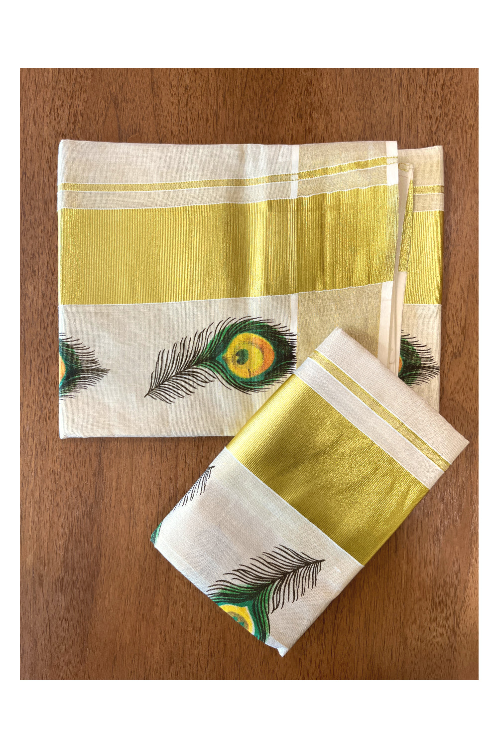 Kerala Tissue Kasavu Set Mundu (Mundum Neriyathum) with Feather Mural Printed Design