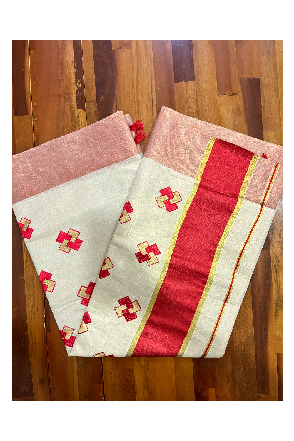 Kerala Tissue Kasavu Saree With Red Border and Embroidered Designs on Body