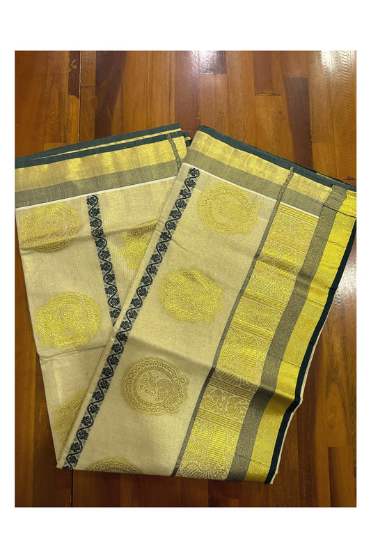 Kerala Tissue Green and Kasavu Heavy Woven Designs Saree (Onam Saree 2023)