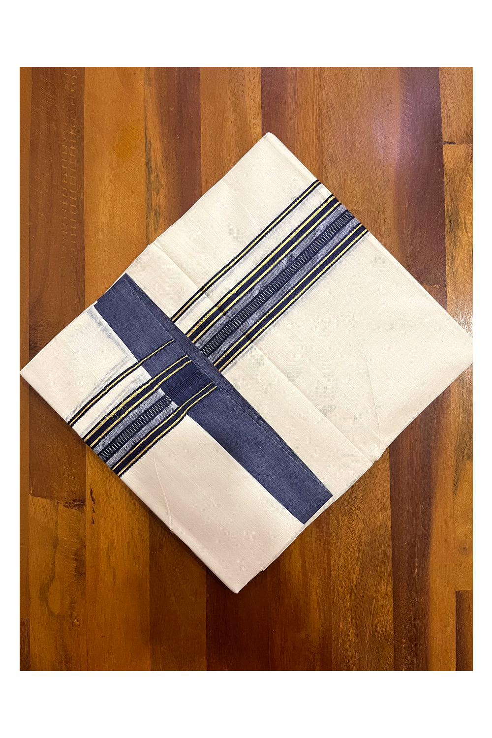 Pure Cotton 100x100 Double Mundu with Kasavu and Dark Blue Kara (Onam Mundu 2023)