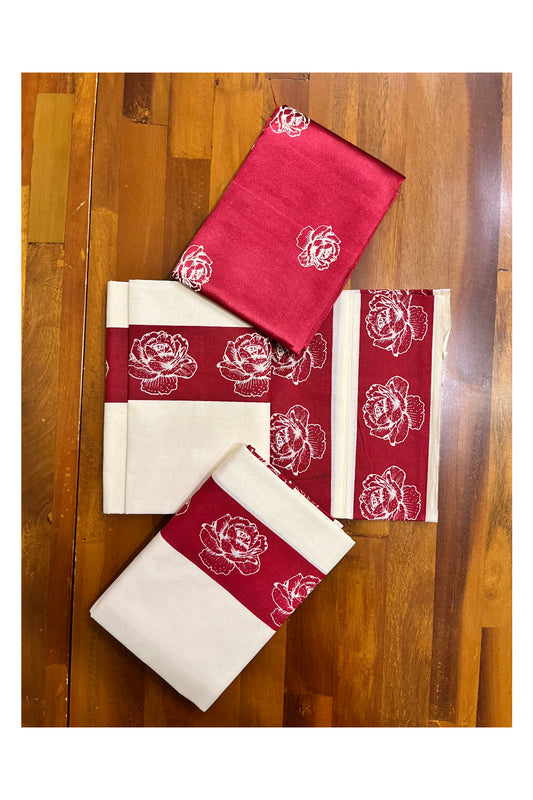 Kerala Cotton Set Mundu (Mundum Neriyathum) with Red Floral Prints and Seperate Blouse Piece