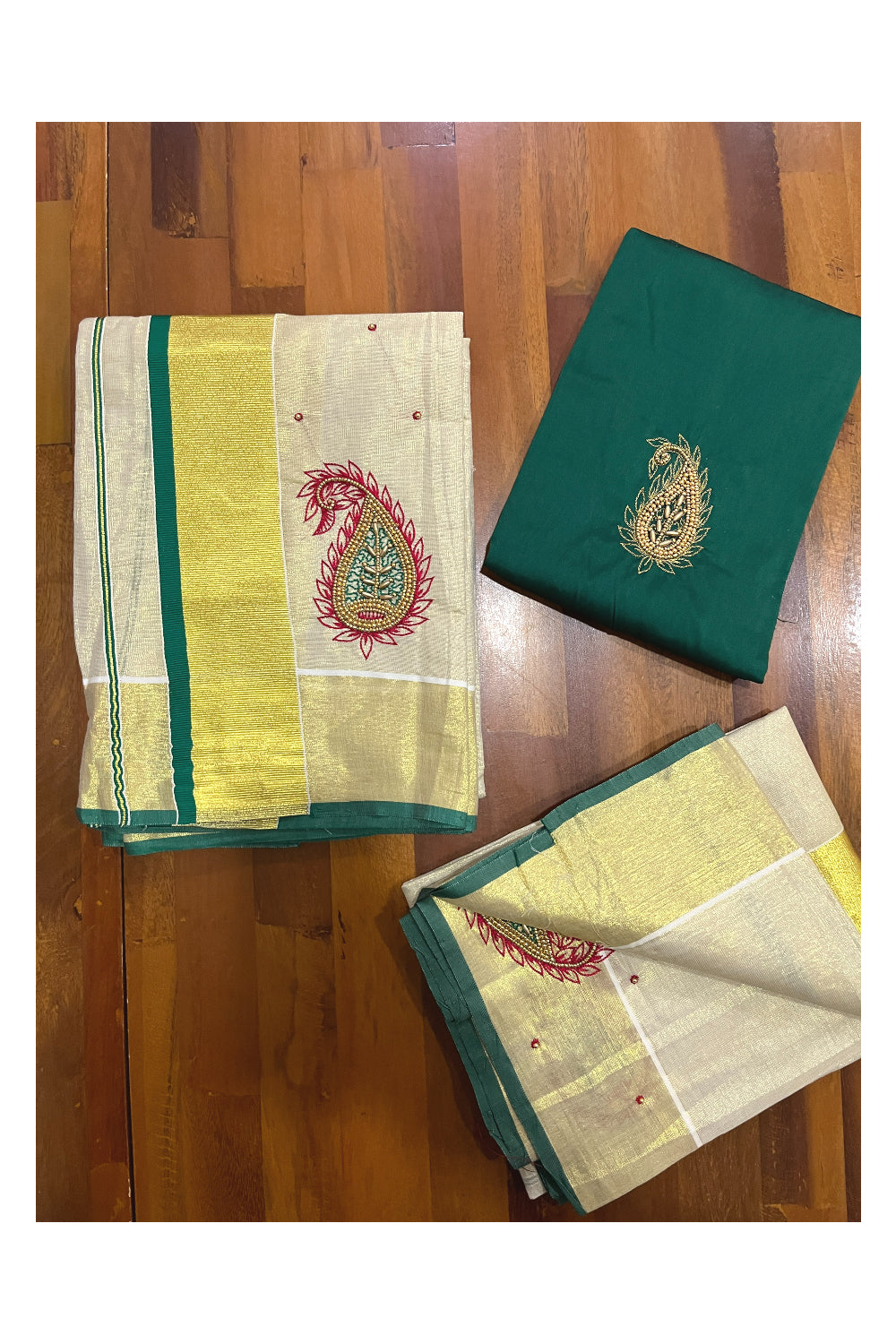 Kerala Tissue Kasavu Set Mundu (Mundum Neriyathum) with Handwork Design and Green Blouse Piece