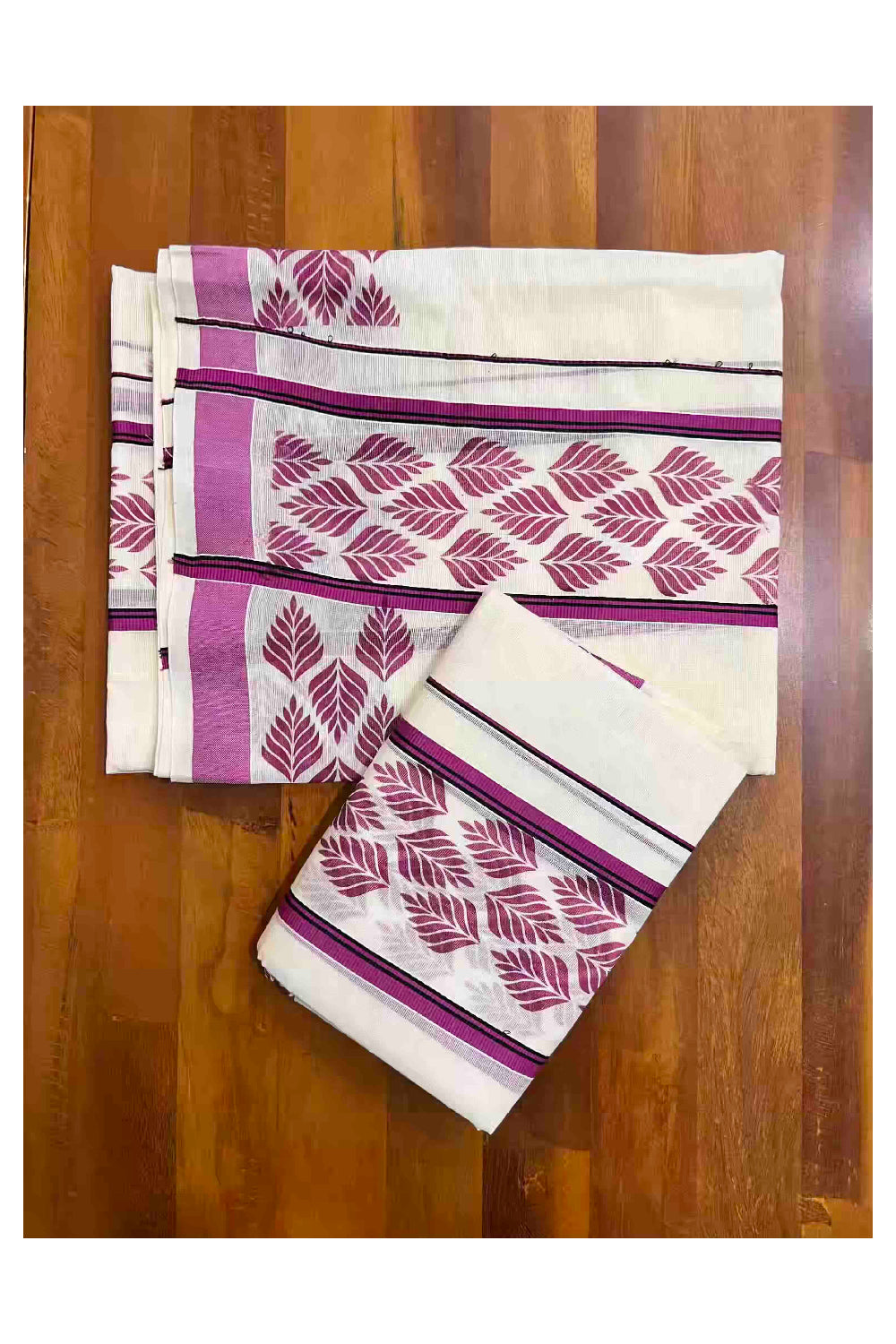 Kerala Cotton Single Set Mundu (Mundum Neriyathum) with Leaf Block Prints on Magenta and Black Border