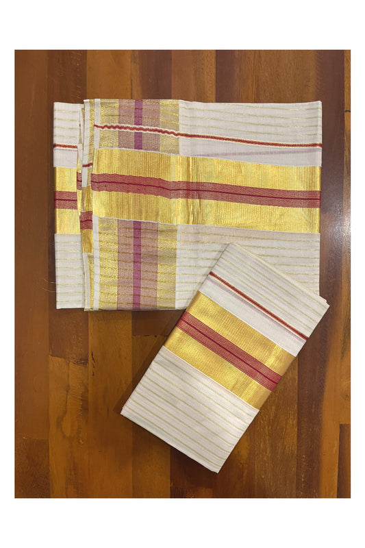 Kerala Cotton Set Mundu (Mundum Neriyathum) with Kasavu Lines on Body and Red Border 2.80 Mtrs