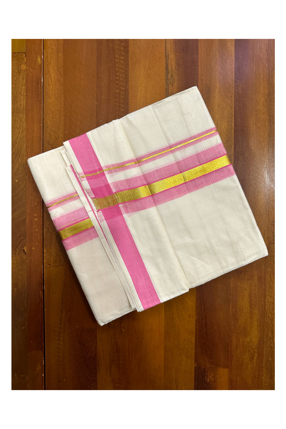 Kerala Cotton Double Mundu with Pink and Kasavu Border