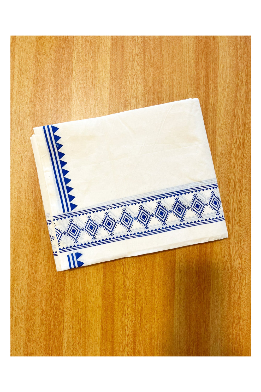 Pure Cotton Off White Double Mundu with Blue Block Prints On Border (South Indian Kerala Dhoti)