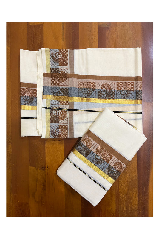 Kerala Cotton Kasavu Single Set Mundu (Mundum Neriyathum) with Blue and Brown Kara and Block Prints