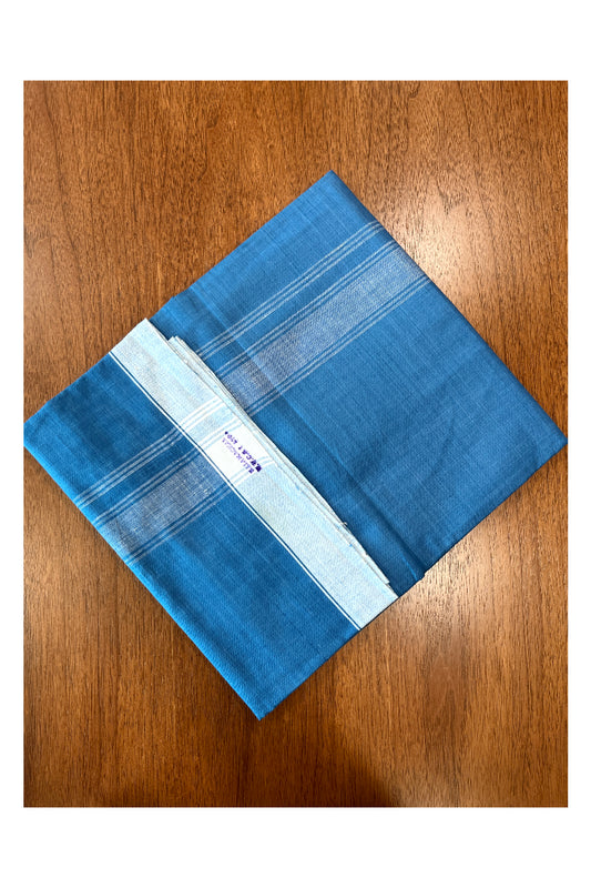 Southloom Premium Handloom Blue Solid Single Mundu (Lungi) with White Border