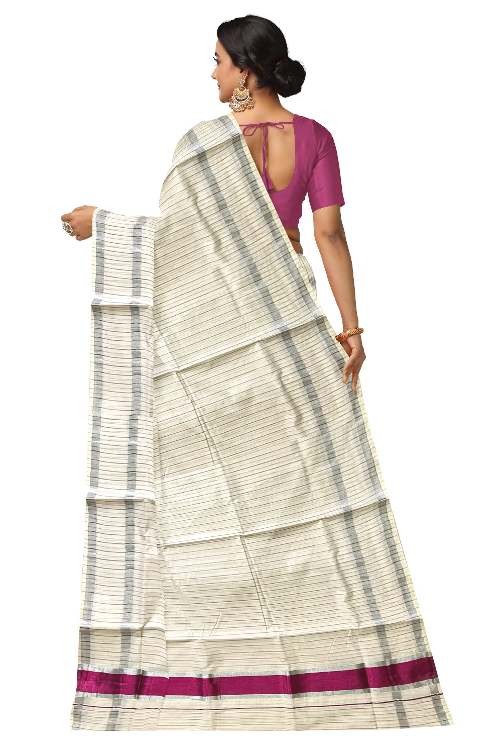 Pure Cotton Kerala Saree with Silver and Magenta Kasavu Lines Across Body