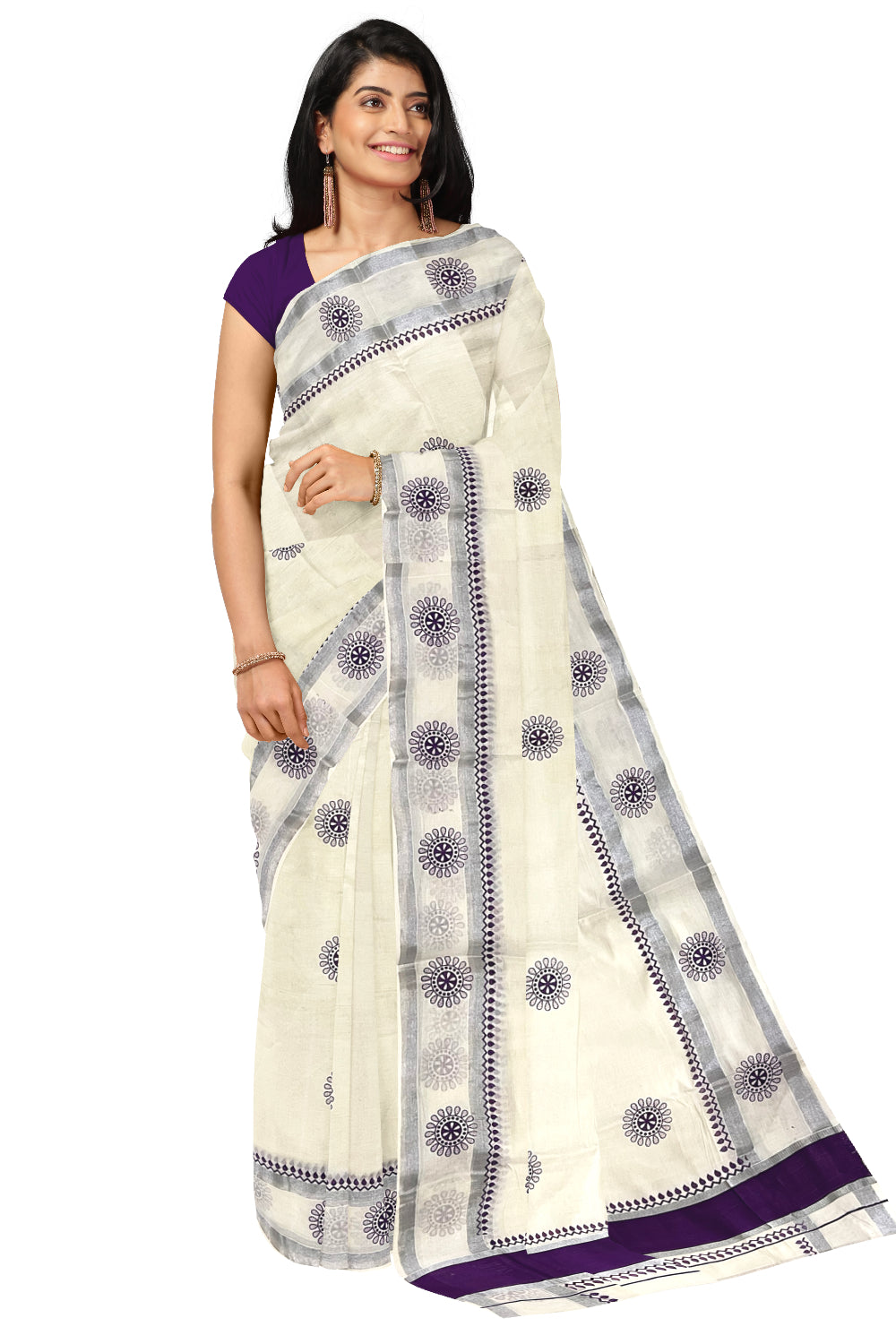 Kerala Pure Cotton Saree with Violet Block Prints and Silver Kasavu Border