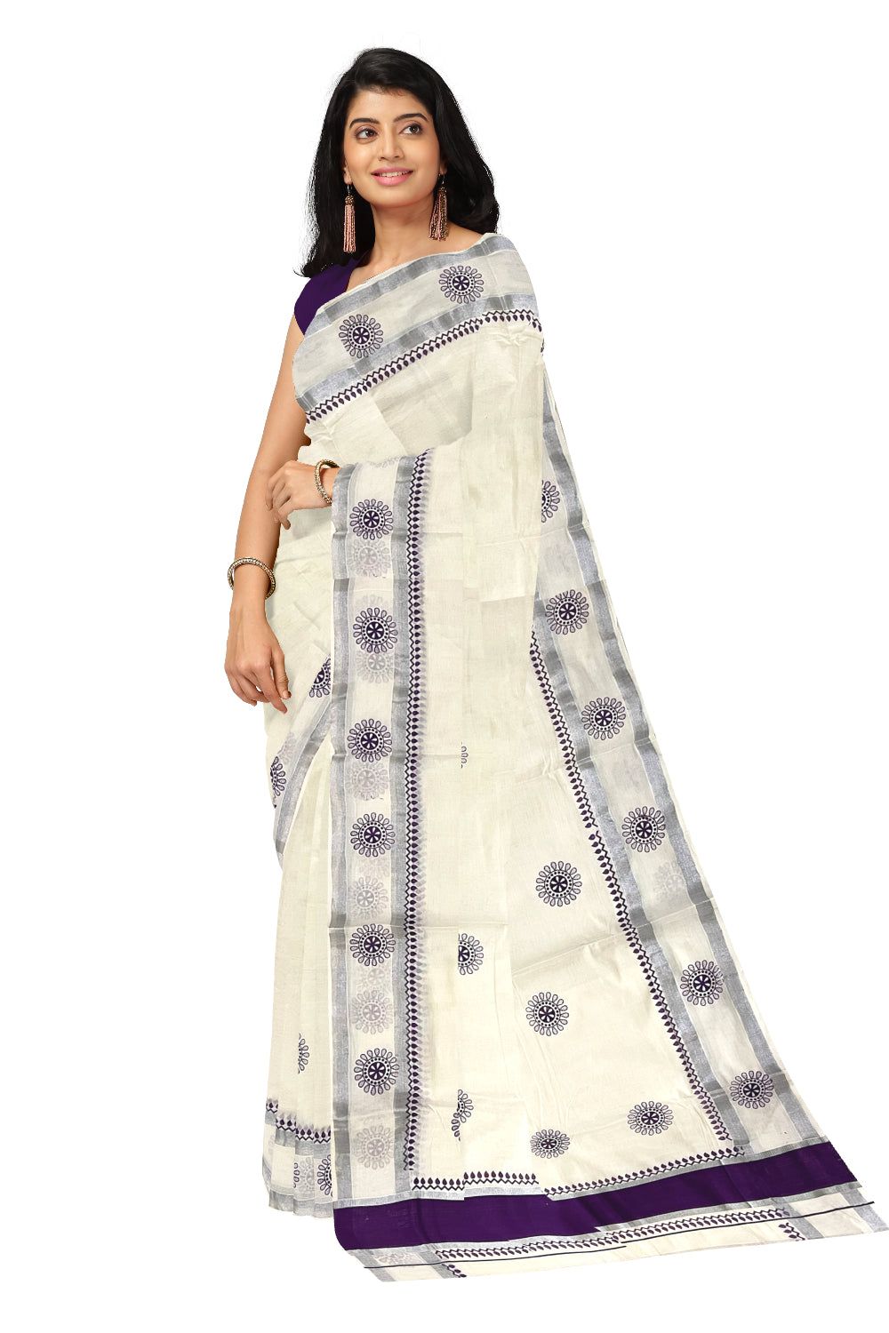 Kerala Pure Cotton Saree with Violet Block Prints and Silver Kasavu Border