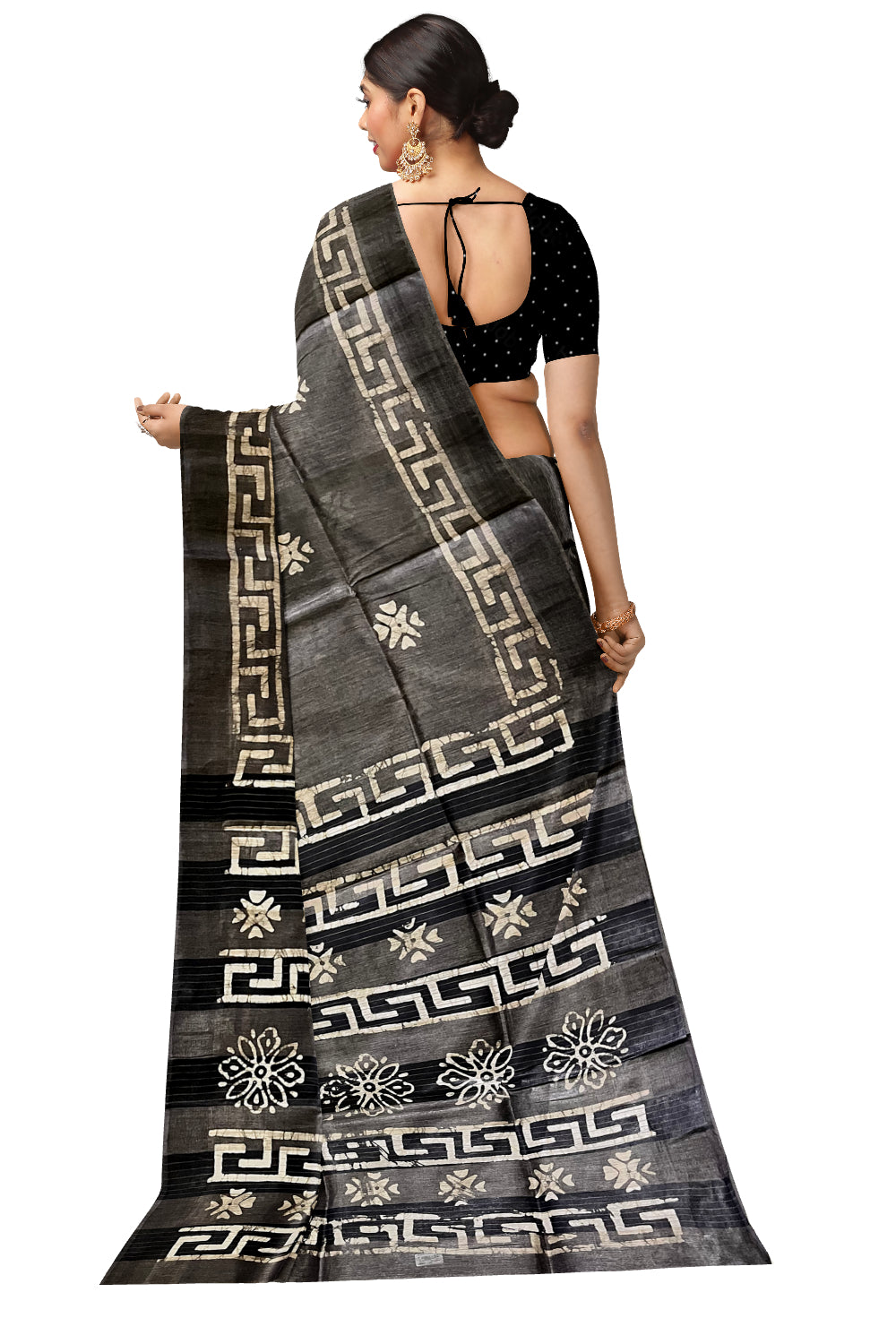 Southloom Cotton Dark Grey Saree with Baswara Prints on Body and Pallu