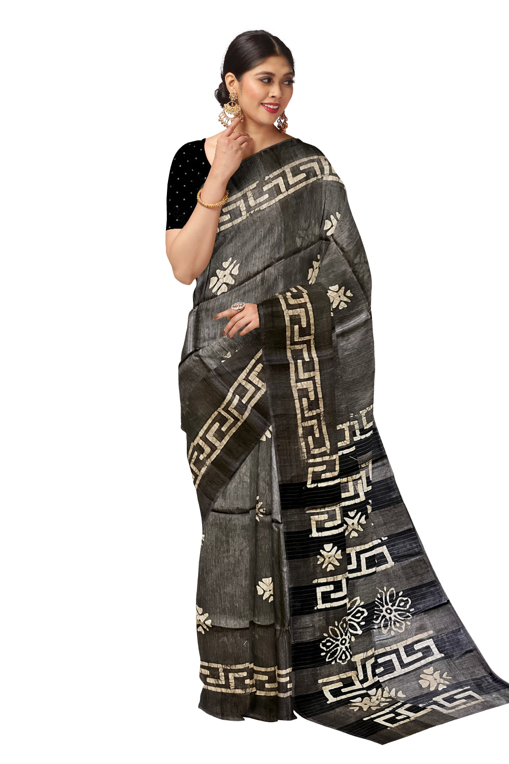 Southloom Cotton Dark Grey Saree with Baswara Prints on Body and Pallu