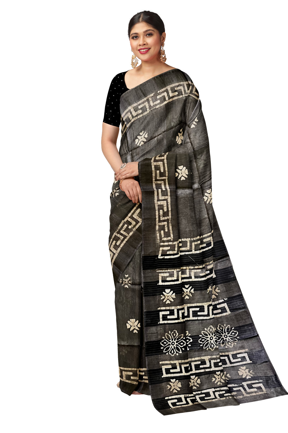 Southloom Cotton Dark Grey Saree with Baswara Prints on Body and Pallu