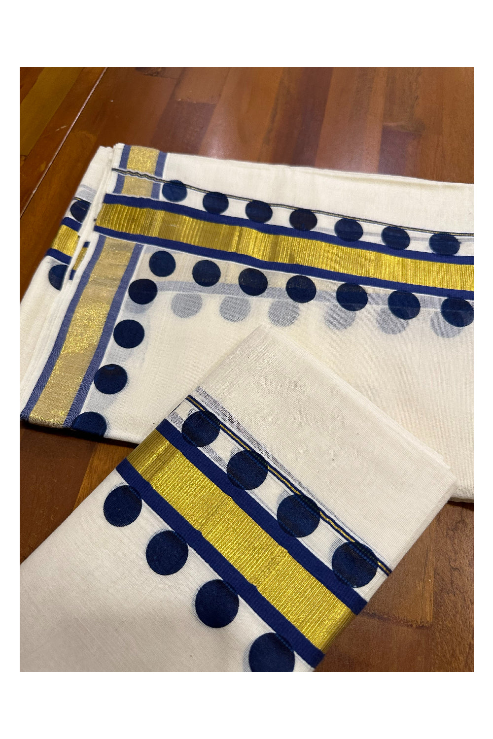 Kerala Cotton Kasavu Single Set Mundu (Mundum Neriyathum) with Dark Blue Block Prints on Border 2.80 Mtrs