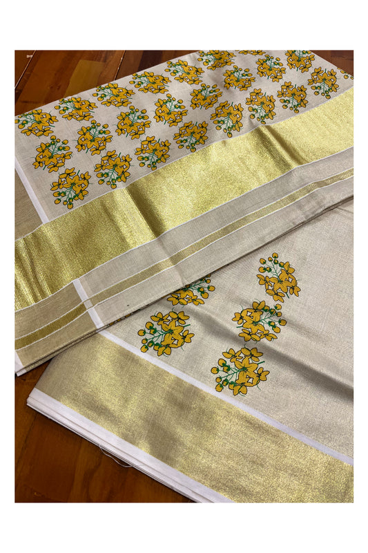 Kerala Tissue Kasavu Saree with Floral Prints on Body and Kasavu Border