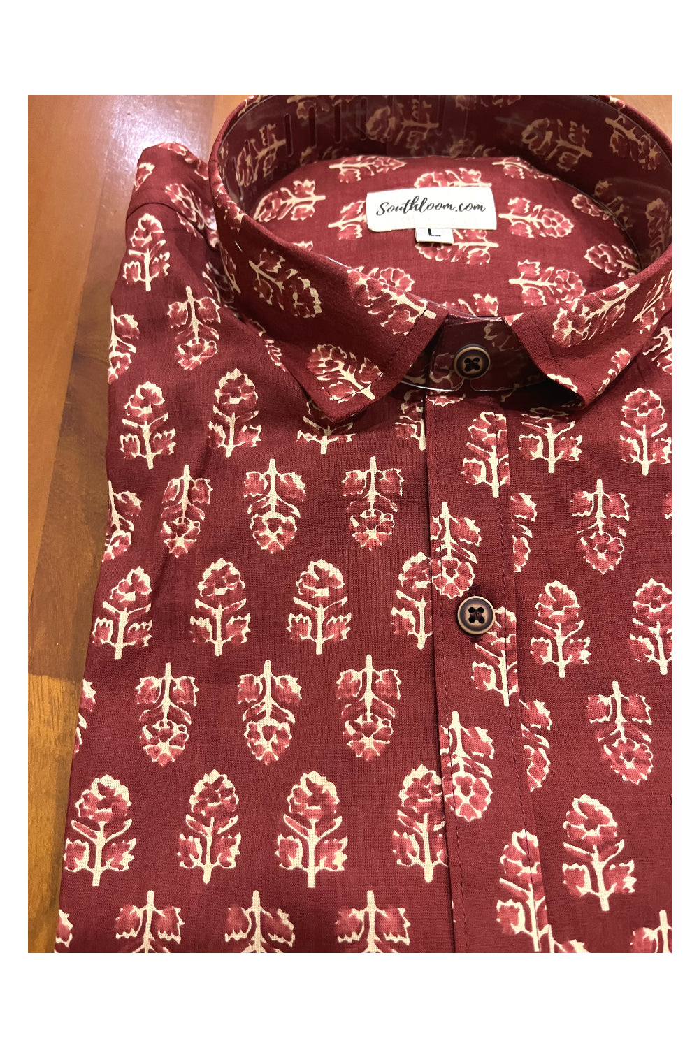 Southloom Jaipur Cotton Brick Red Shirt with Floral Hand Block Printed Design (Full Sleeves)