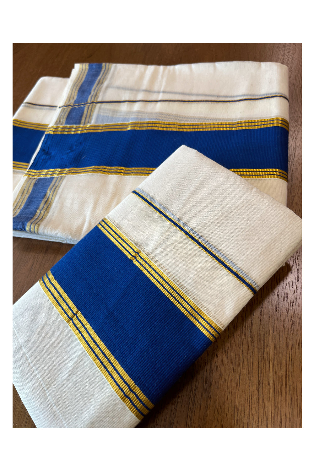 Cotton Mundum Neriyathum Double (Set Mundu) with Blue and Kasavu Border