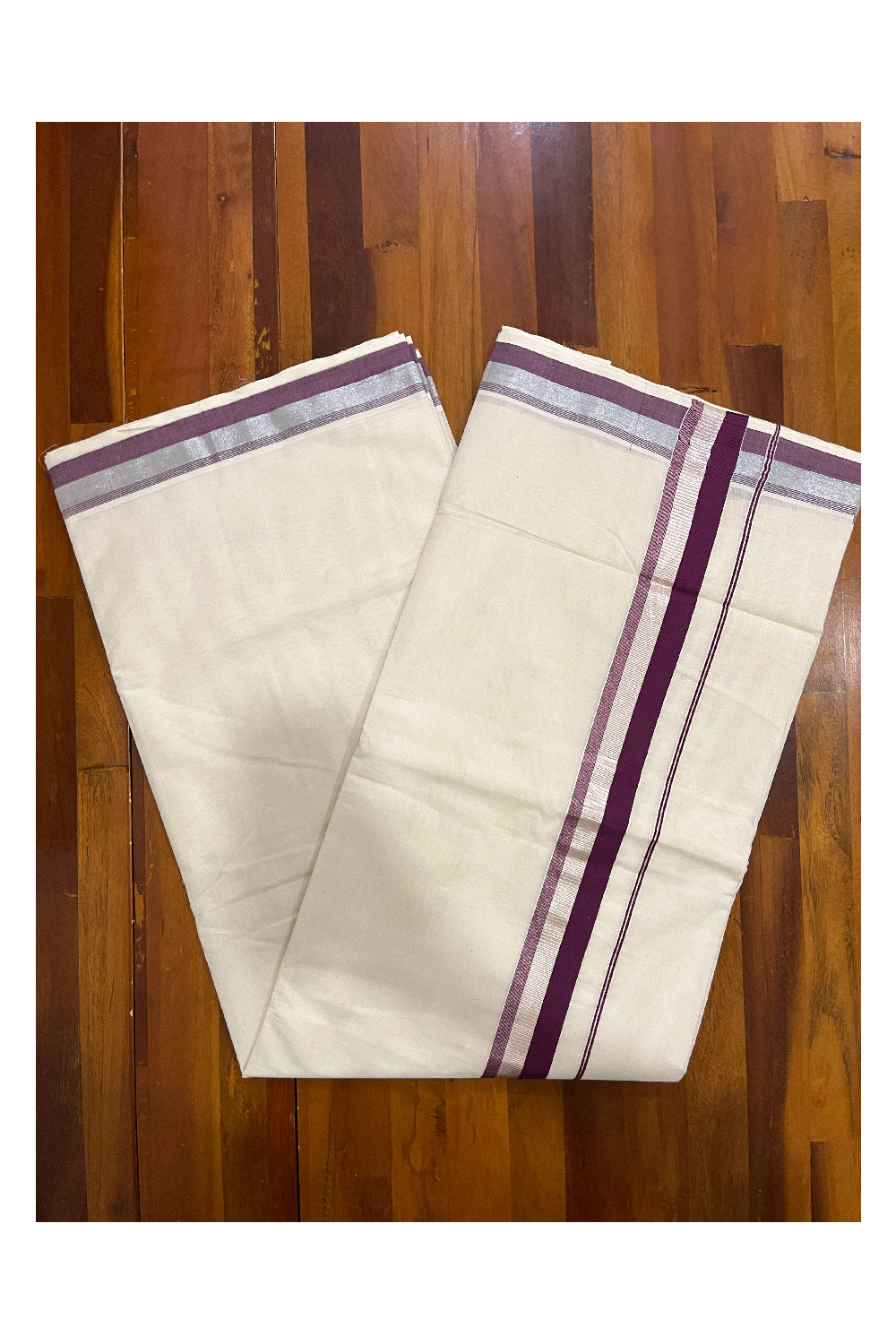 Kerala Pure Cotton Plain Saree with Silver Kasavu and Purple Border