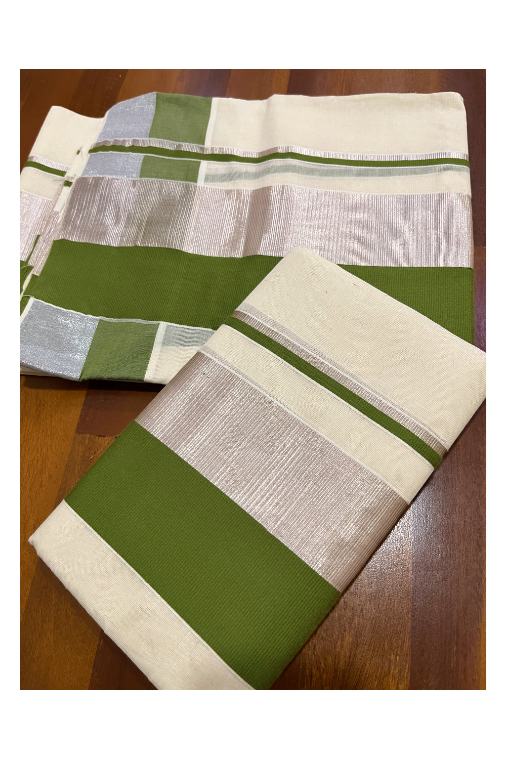 Cotton Silver Kasavu Set Mundu (Mundum Neriyathum) with Green and Silver Kasavu Border 2.80 Mtrs