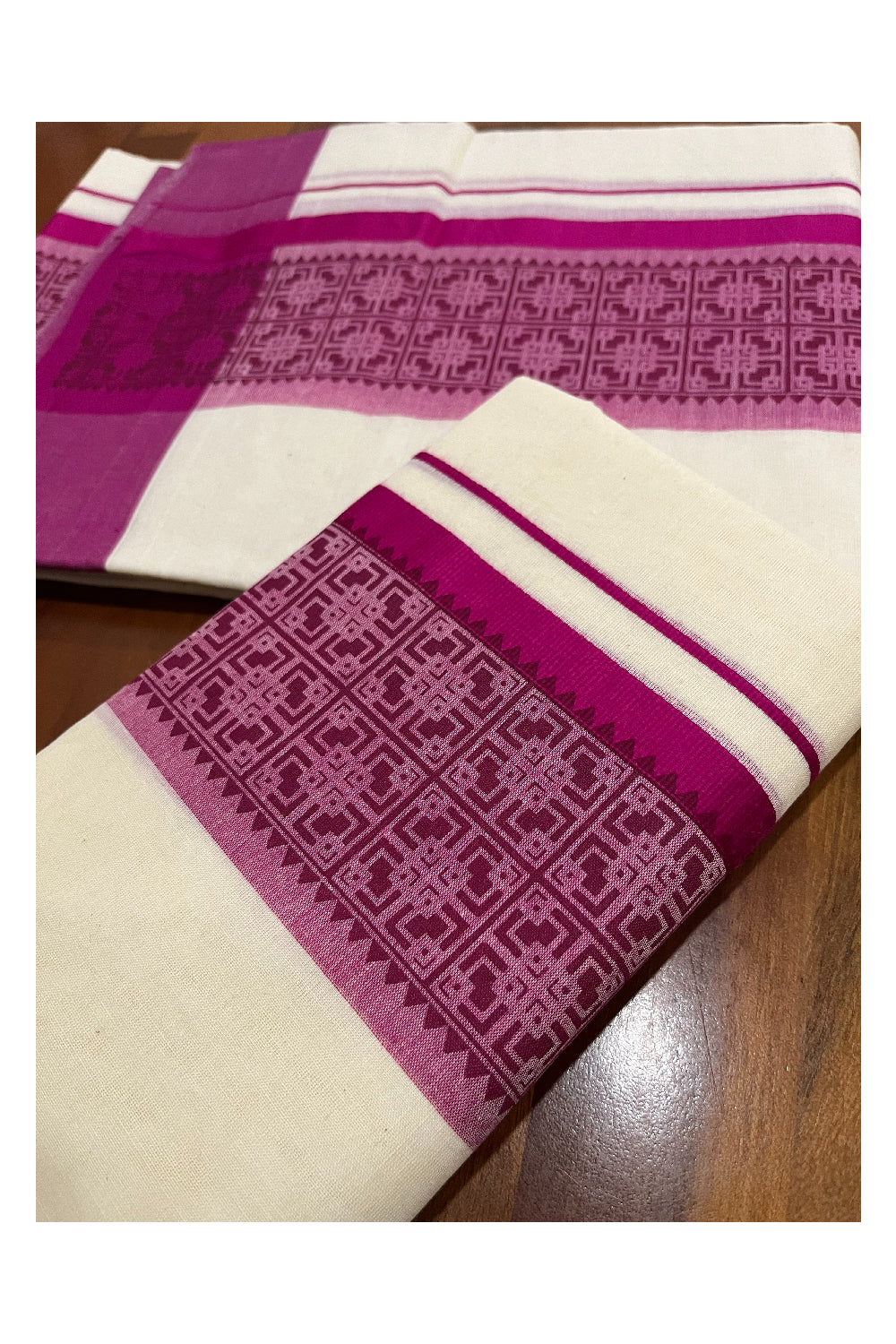 Southloom Pure Cotton Kerala Single Set Mundu with Magenta Block Prints (Onam Set Mundu 2023)