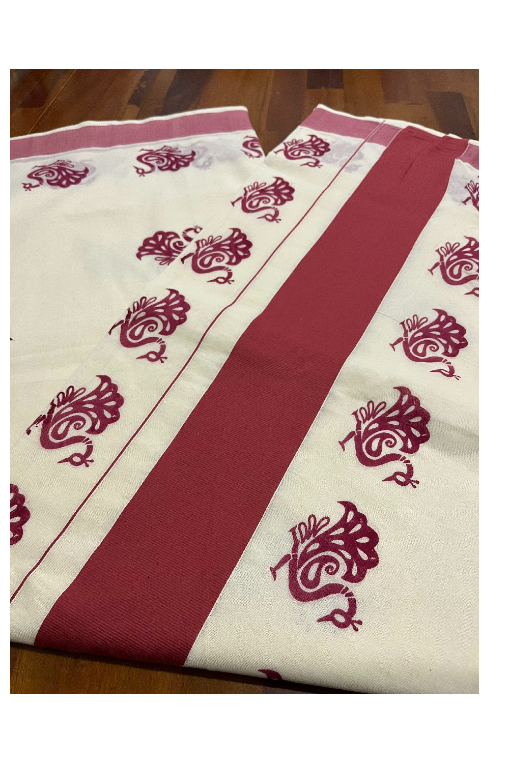 Pure Cotton Kerala Saree with Brick Red Peacock Block Printed Border (Onam Saree 2023)