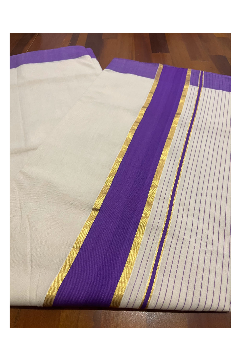 Southloom Premium Unakkupaavu Handloom Cotton Saree with Kasavu and Violet Lines Designs on Pallu