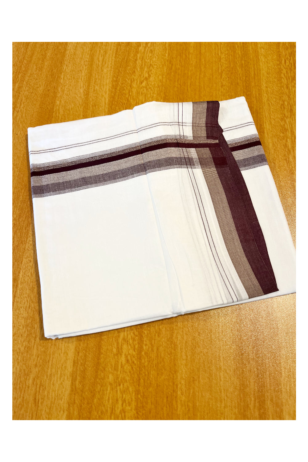 Pure White Cotton Double Mundu with Brown Border (South Indian Dhoti)