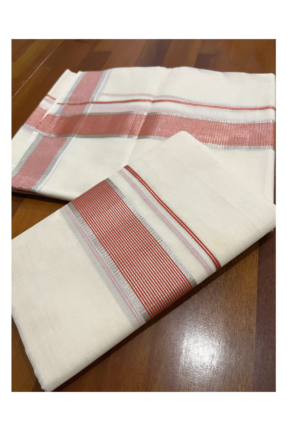 Kerala Cotton Single Set Mundu (Mundum Neriyathum) with Silver Kasavu and Red Border 2.80 Mtrs