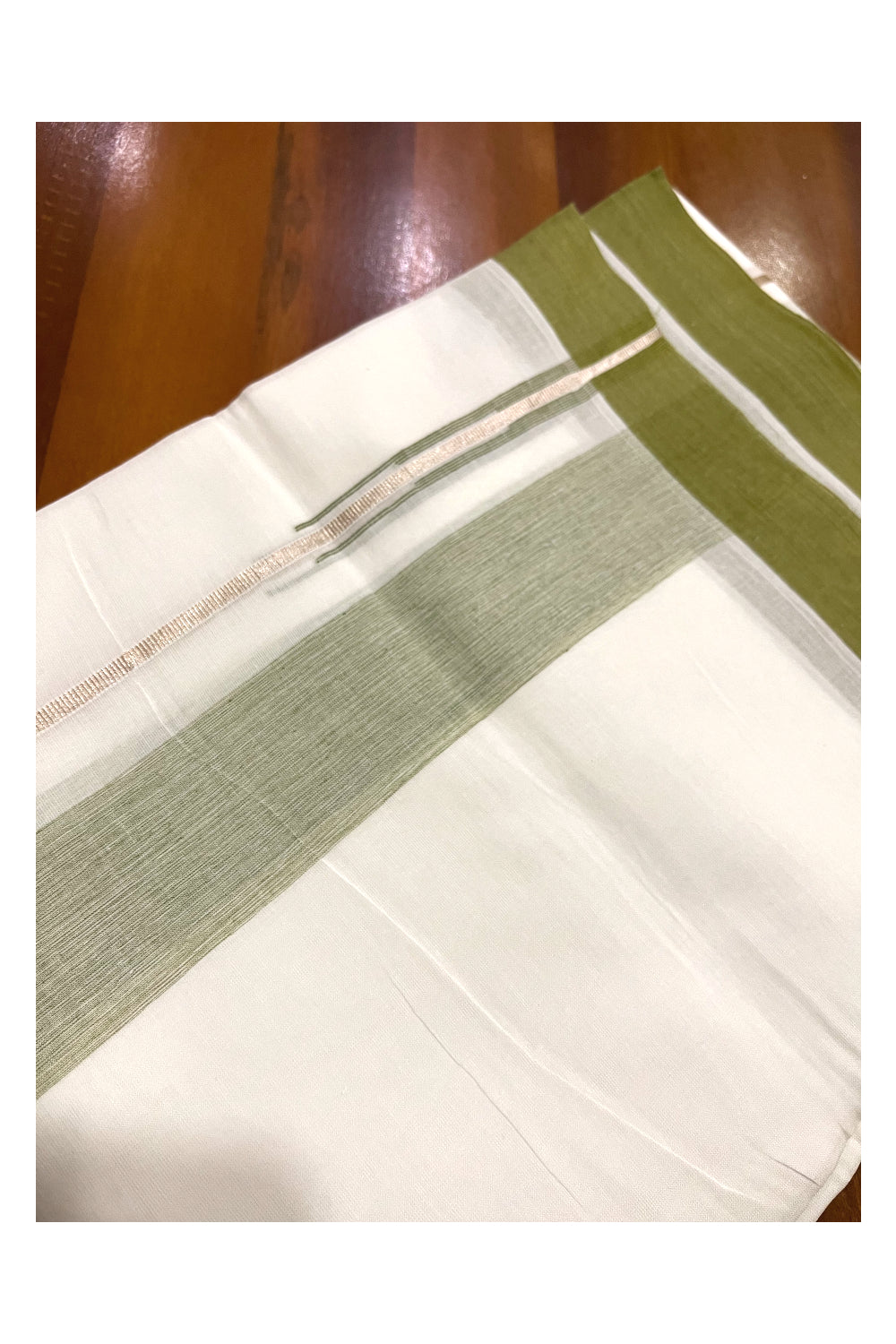 Pure White Cotton Double Mundu with Silver Kasavu and Olive Green Chutti Border (South Indian Kerala Dhoti)