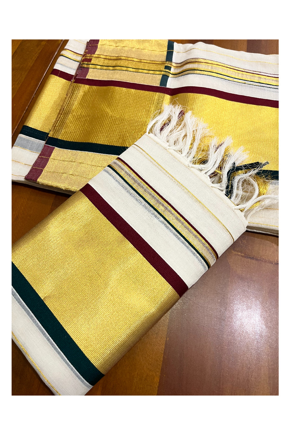 Southloom Handloom Premium Single Set Mundu (Mundum Neriyathum) with Kasavu Lines Across Body with Maroon and Green Kasavu Border 2.80 Mtrs