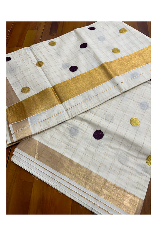 Southloom Kerala Check Saree with Woven Polka Dots in Kasavu and Violet Colour