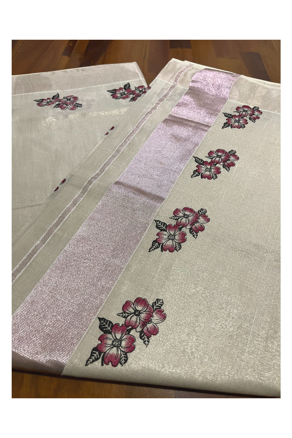 Kerala Rose Copper Tissue Kasavu Saree with Floral Block Prints on Border