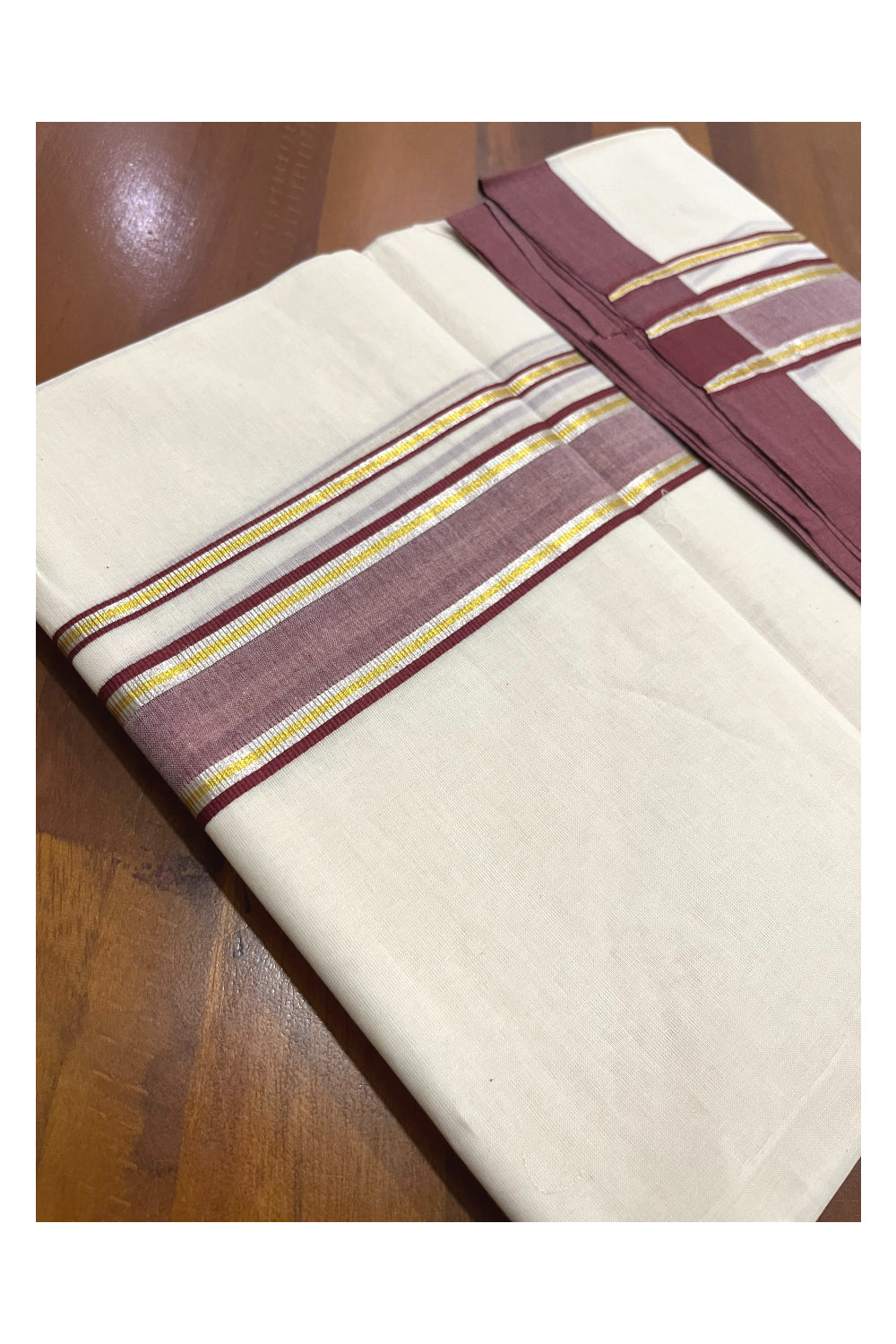 Pure Cotton 100x100 Double Mundu with Silver Golden Kasavu and Maroon Kara (Onam Mundu 2023)