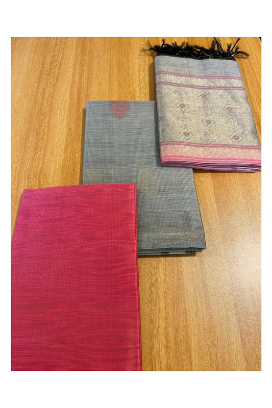 Southloom™ Original Handloom Cotton Pure Silk 3 Piece Grey and Pink Salwar Material with Woven Zari Butta Work