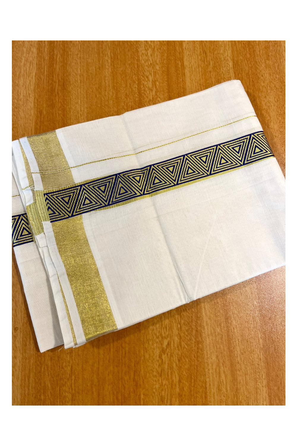 Southloom Kasavu Double Mundu with Blue Prints Along Kasavu Kara