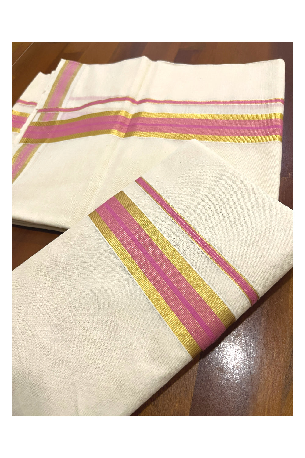 Kerala Cotton Mundum Neriyathum Single (Set Mundu) with Kasavu and Pink Border 2.80 Mtrs