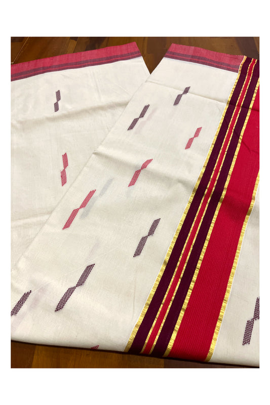 Southloom Premium Balaramapuram Unakkupaavu Handloom Cotton Butta Saree with Red Purple and Kasavu Border