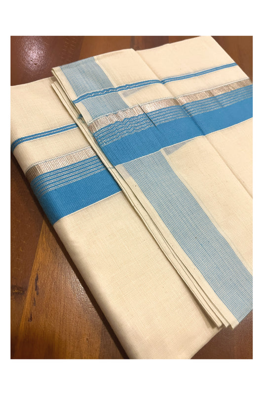 Off White Kerala Double Mundu with Silver Kasavu and Light Blue Kara (South Indian Kerala Dhoti)