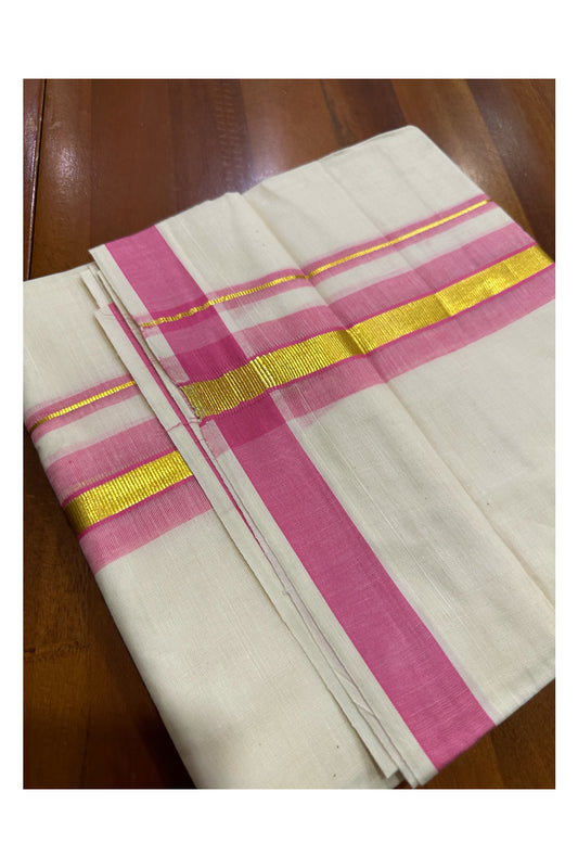 Kerala Cotton Double Mundu with Pink and Kasavu Border