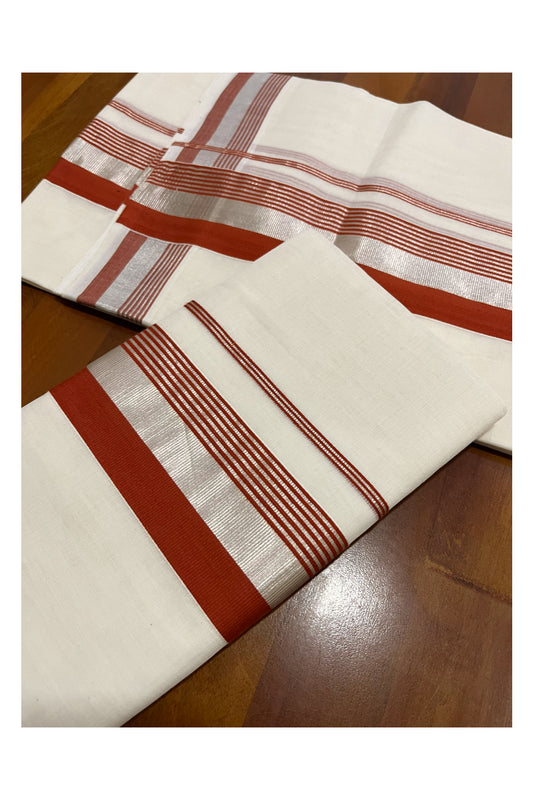 Pure Cotton Handloom Premium Kasavu Set Mundu (Mundum Neriyathum) with Orange and Silver Kasavu Border