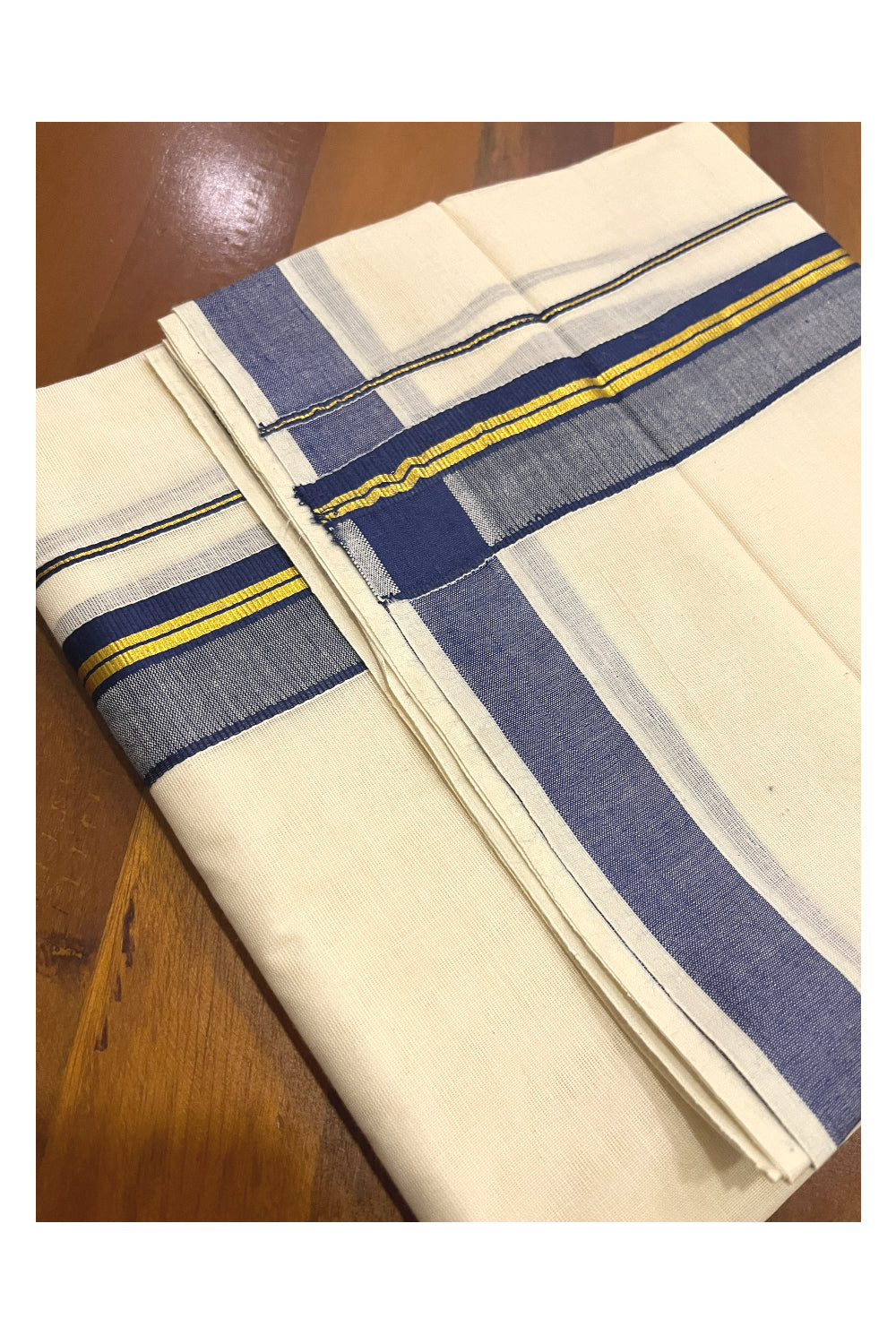 Pure Cotton Kerala Double Mundu with Kasavu and Blue Kara (South Indian Dhoti)