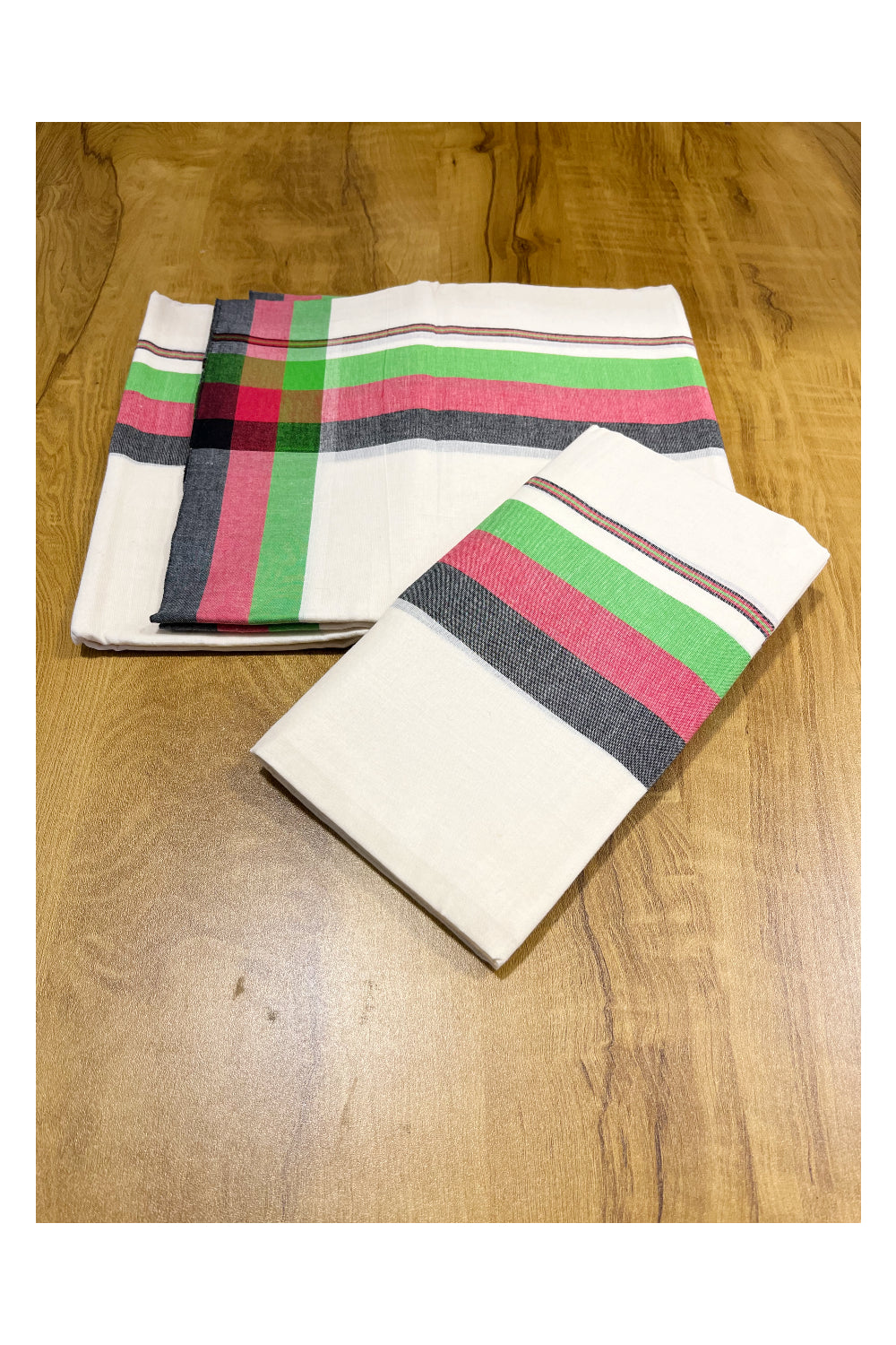 Pure Cotton Mundum Neriyathum Double (Set Mundu) with Green,Pink and Black Border