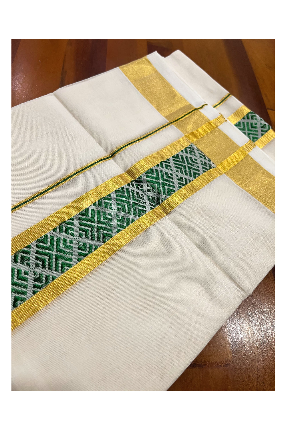 Southloom Premium Wedding Handloom Cotton Mundu with Green and Golden Kasavu Woven Border (South Indian Kerala Dhoti)