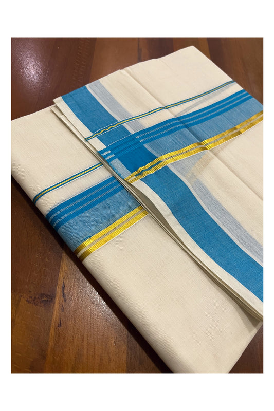 Pure Cotton Kerala Double Mundu with Blue and Kasavu Kara (South Indian Kerala Dhoti)