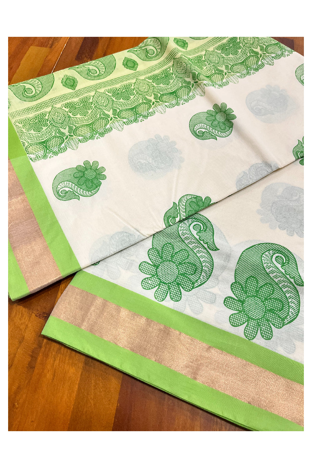 Pure Cotton Kerala Saree with Light Green Block Prints and Kasavu Border (Vishu 2024 Collection)