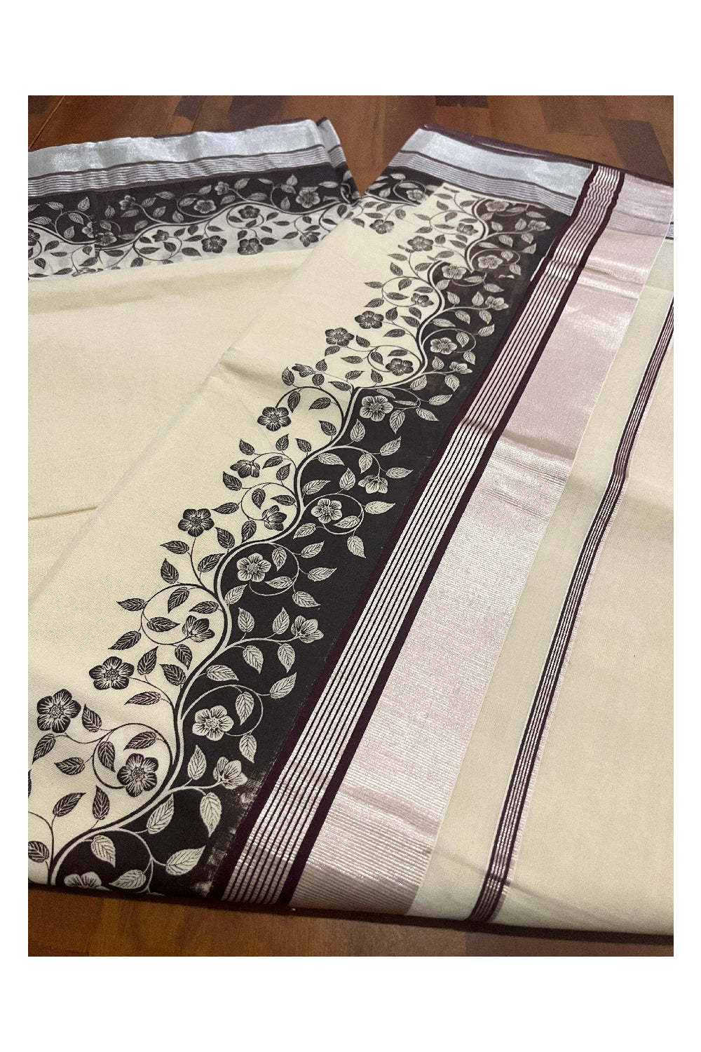 Kerala Cotton Saree with Brown Floral Block Prints and Silver Kasavu Border